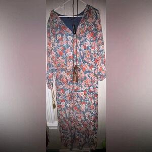 NWT New Look women’s Long Sleeve Floral Dress 2XL blue pink bronze tie‎ belt